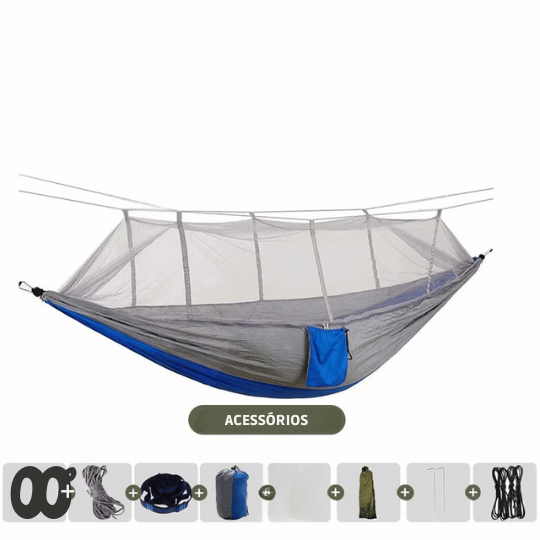 Rede de Camping com Mosquiteiro e Acessórios Inclusos Nylon de Paraquedas 210T- Correias, Mosquetões e Estacas